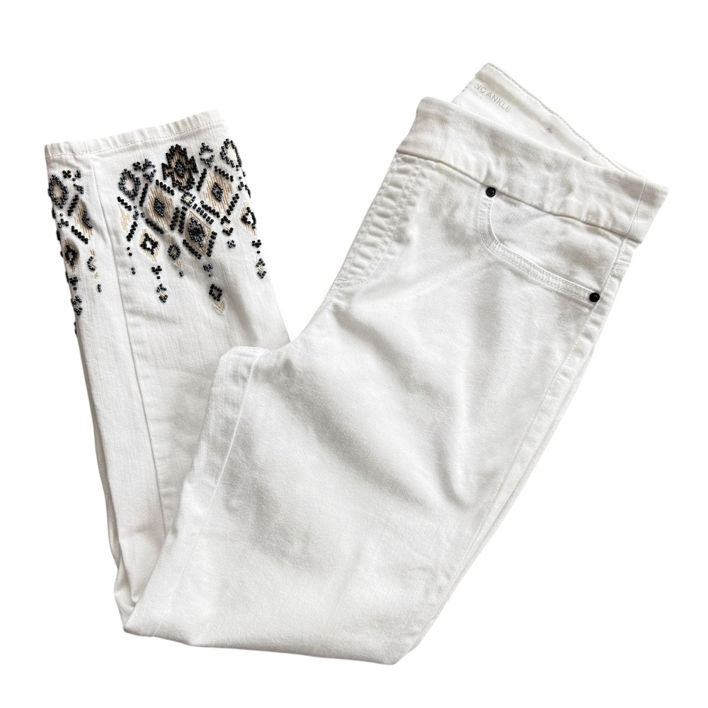 Chicos White Pull On Jegging Ankle Pants‎ Beaded Embroidered Hem Size 8R